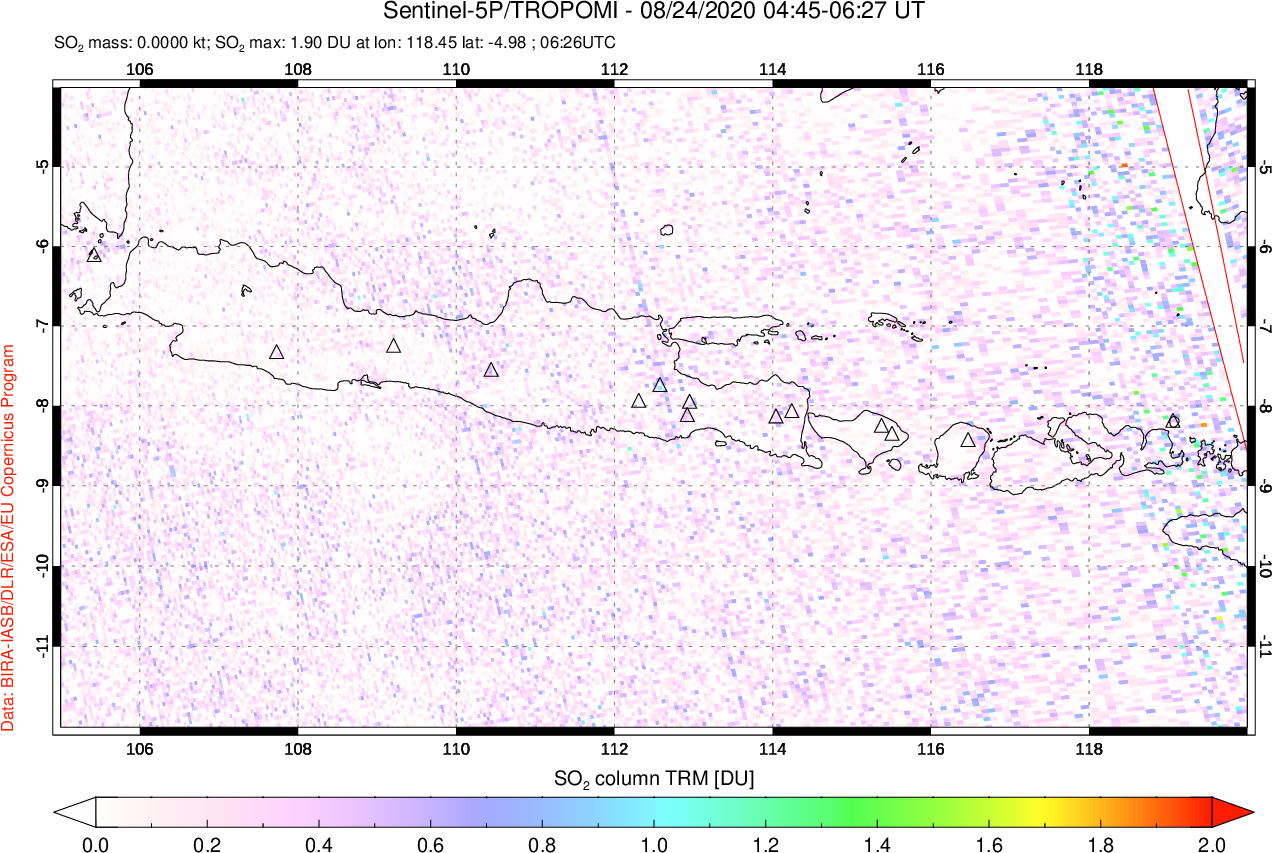 A sulfur dioxide image over Java, Indonesia on Aug 24, 2020.