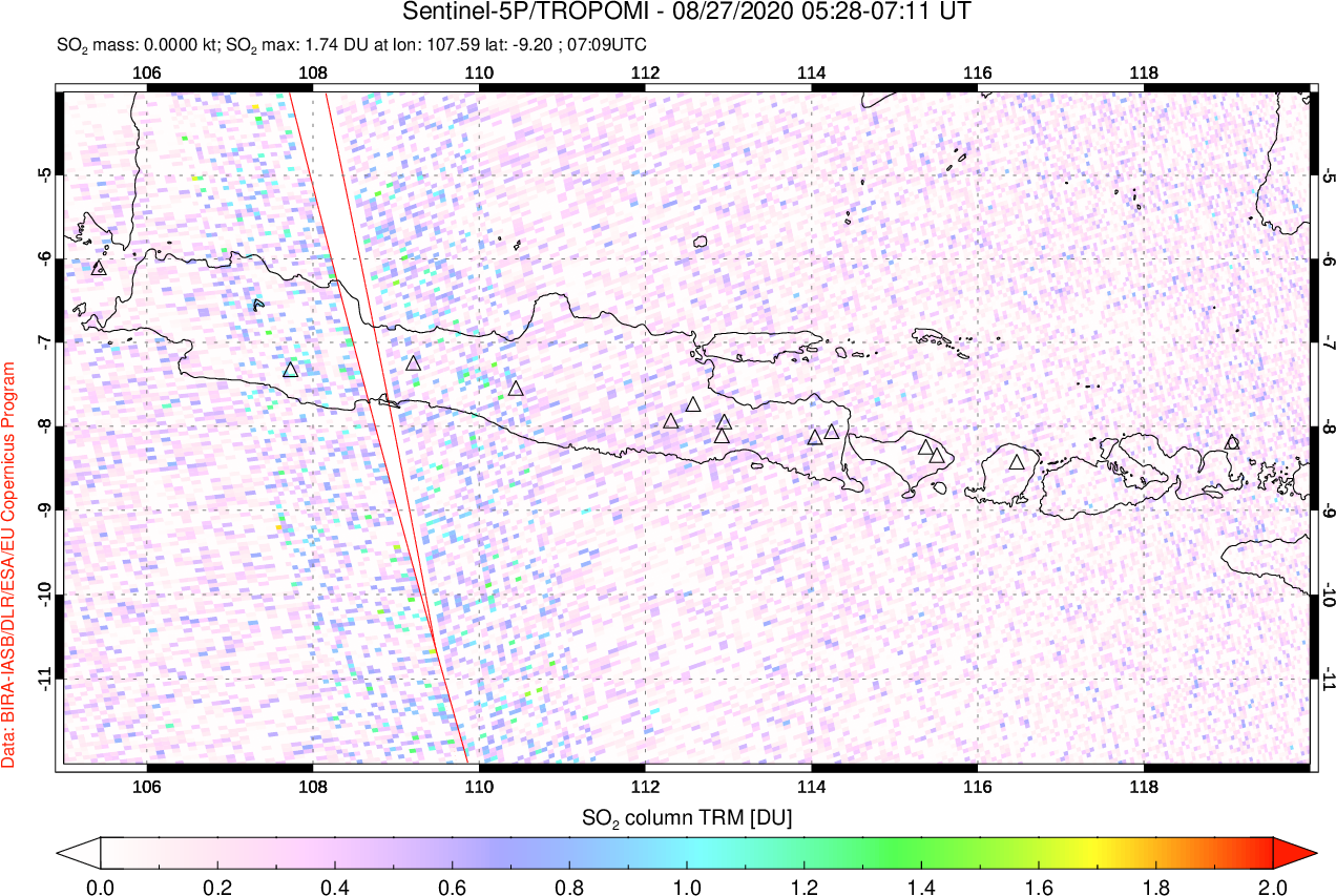 A sulfur dioxide image over Java, Indonesia on Aug 27, 2020.