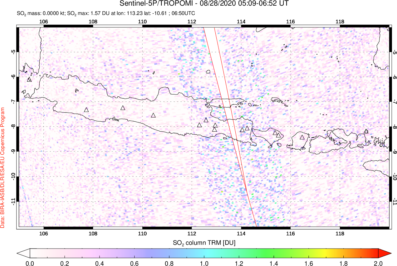 A sulfur dioxide image over Java, Indonesia on Aug 28, 2020.