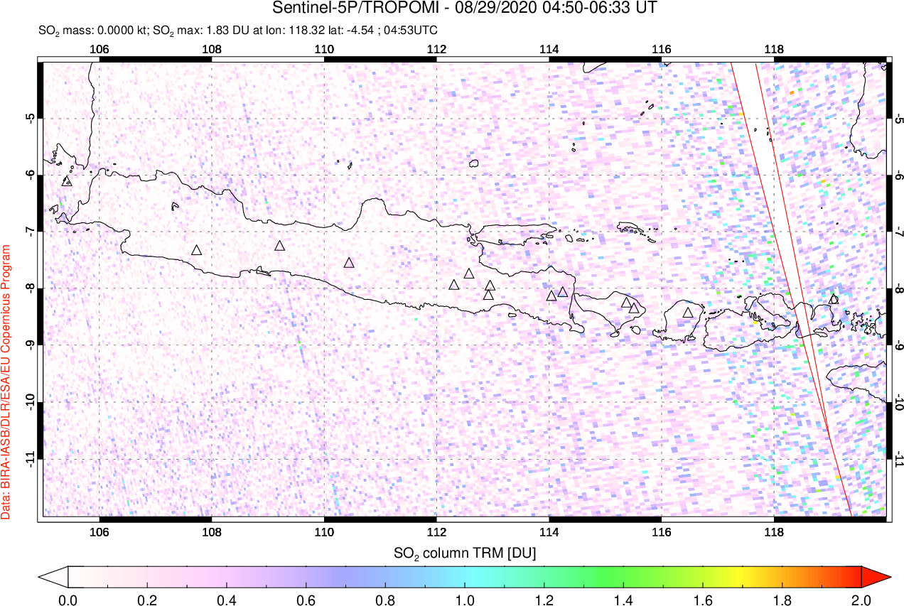 A sulfur dioxide image over Java, Indonesia on Aug 29, 2020.