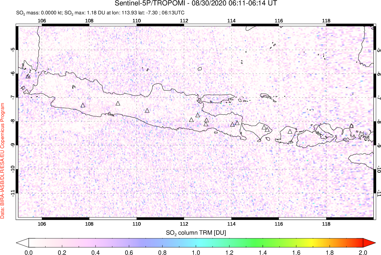 A sulfur dioxide image over Java, Indonesia on Aug 30, 2020.