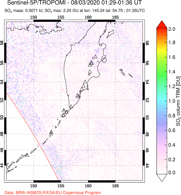 A sulfur dioxide image over Kamchatka, Russian Federation on Aug 03, 2020.