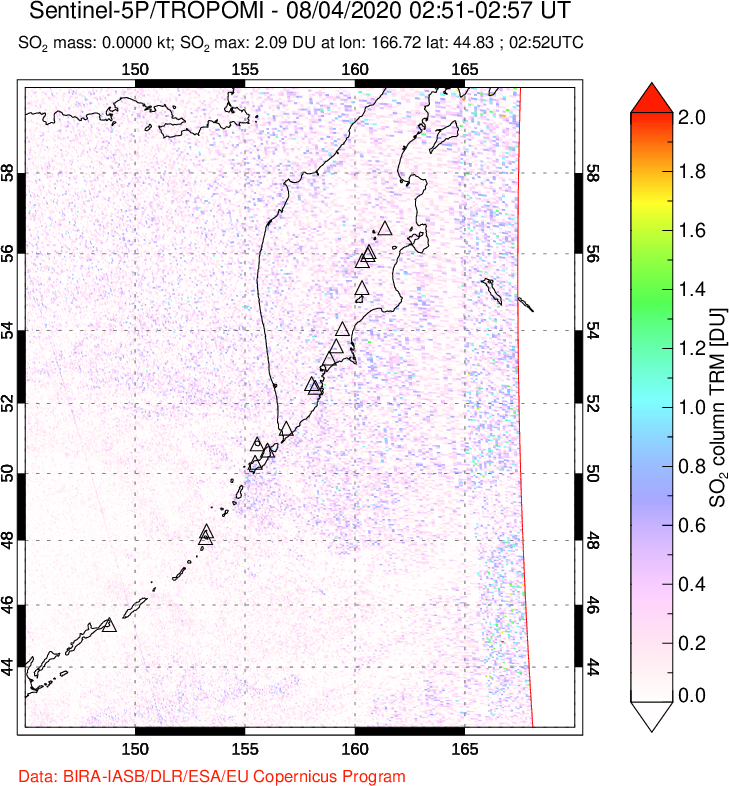A sulfur dioxide image over Kamchatka, Russian Federation on Aug 04, 2020.