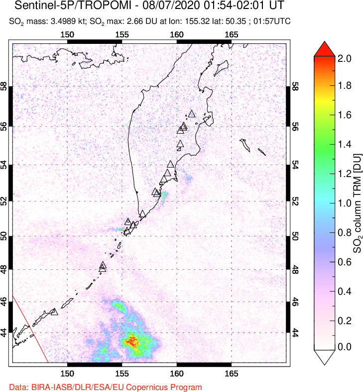 A sulfur dioxide image over Kamchatka, Russian Federation on Aug 07, 2020.