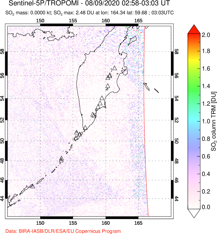 A sulfur dioxide image over Kamchatka, Russian Federation on Aug 09, 2020.