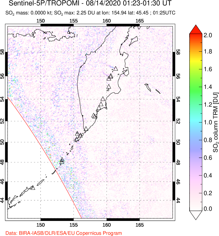A sulfur dioxide image over Kamchatka, Russian Federation on Aug 14, 2020.