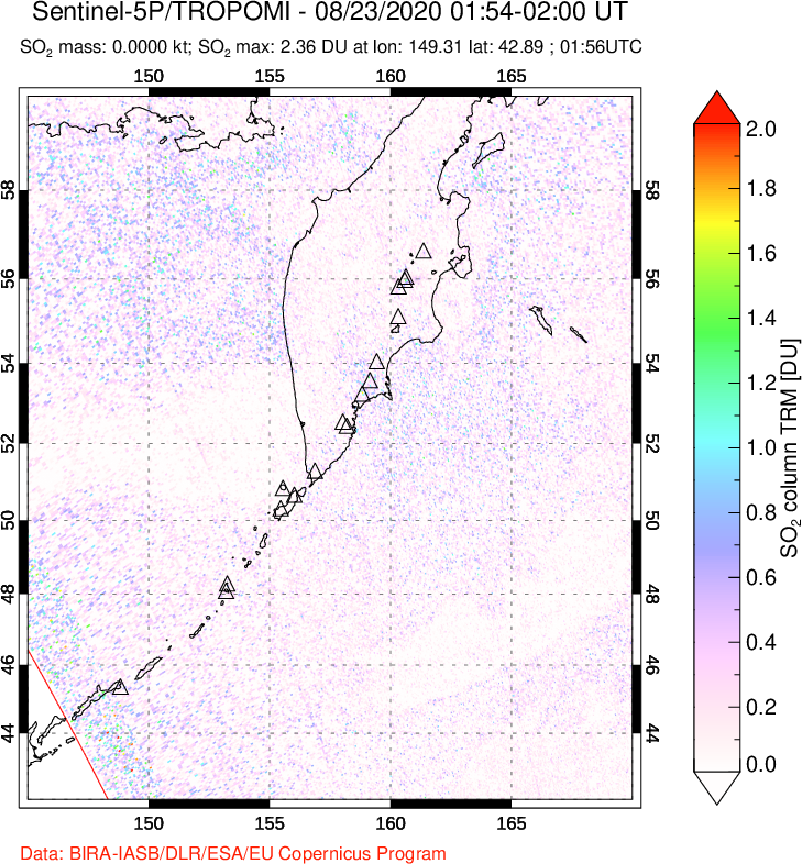 A sulfur dioxide image over Kamchatka, Russian Federation on Aug 23, 2020.