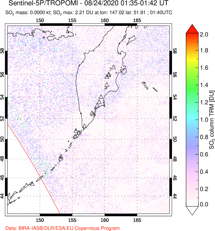 A sulfur dioxide image over Kamchatka, Russian Federation on Aug 24, 2020.