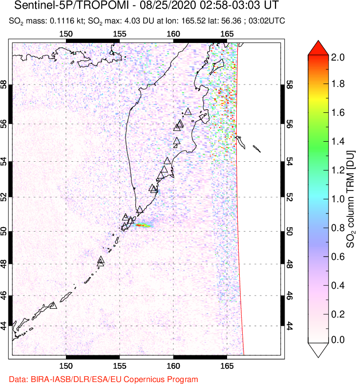 A sulfur dioxide image over Kamchatka, Russian Federation on Aug 25, 2020.