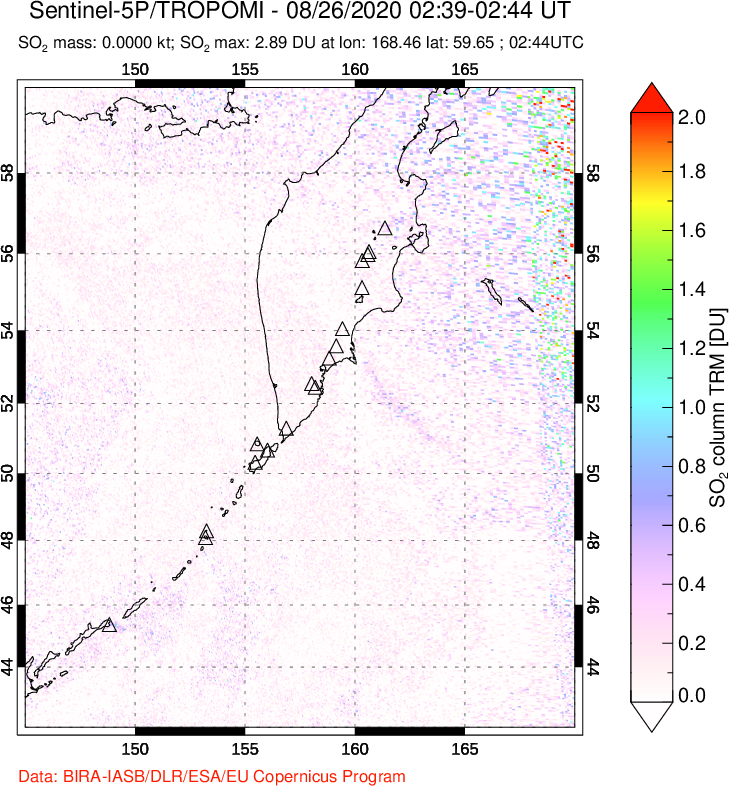 A sulfur dioxide image over Kamchatka, Russian Federation on Aug 26, 2020.