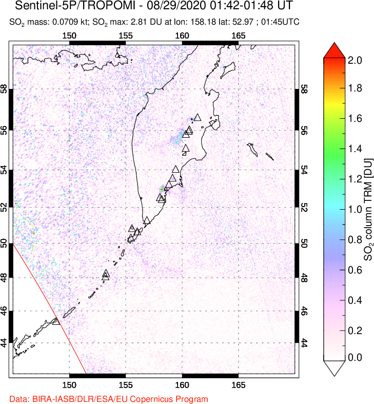 A sulfur dioxide image over Kamchatka, Russian Federation on Aug 29, 2020.