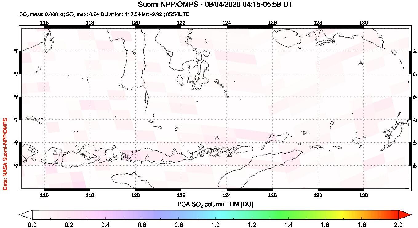 A sulfur dioxide image over Lesser Sunda Islands, Indonesia on Aug 04, 2020.