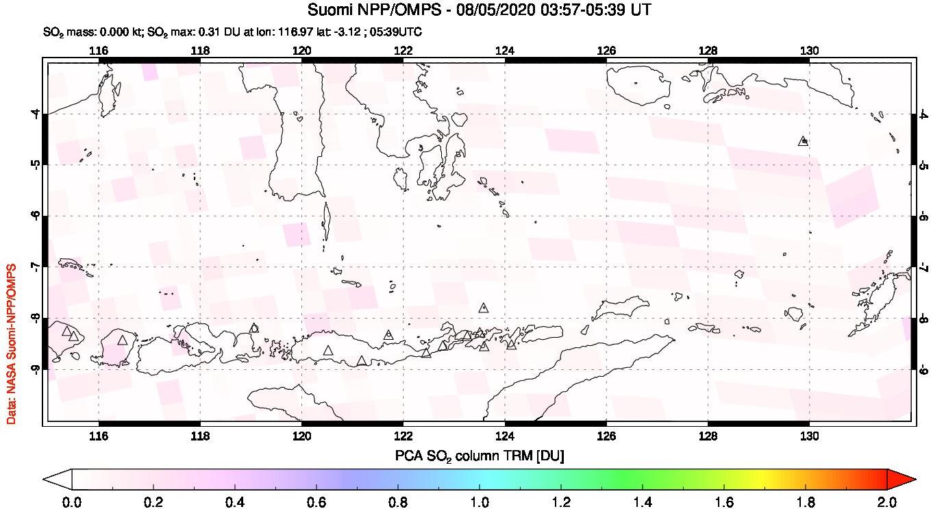 A sulfur dioxide image over Lesser Sunda Islands, Indonesia on Aug 05, 2020.