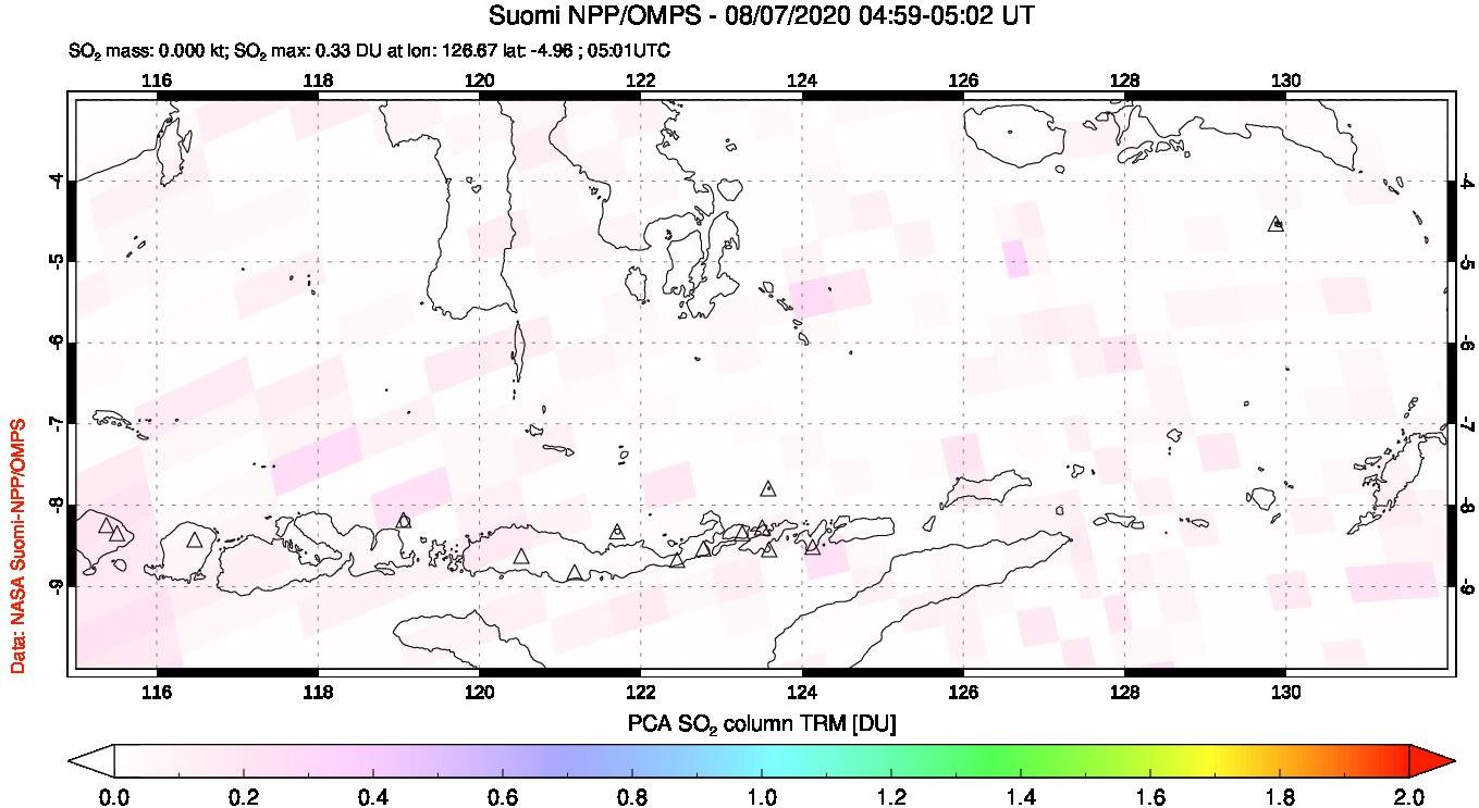 A sulfur dioxide image over Lesser Sunda Islands, Indonesia on Aug 07, 2020.