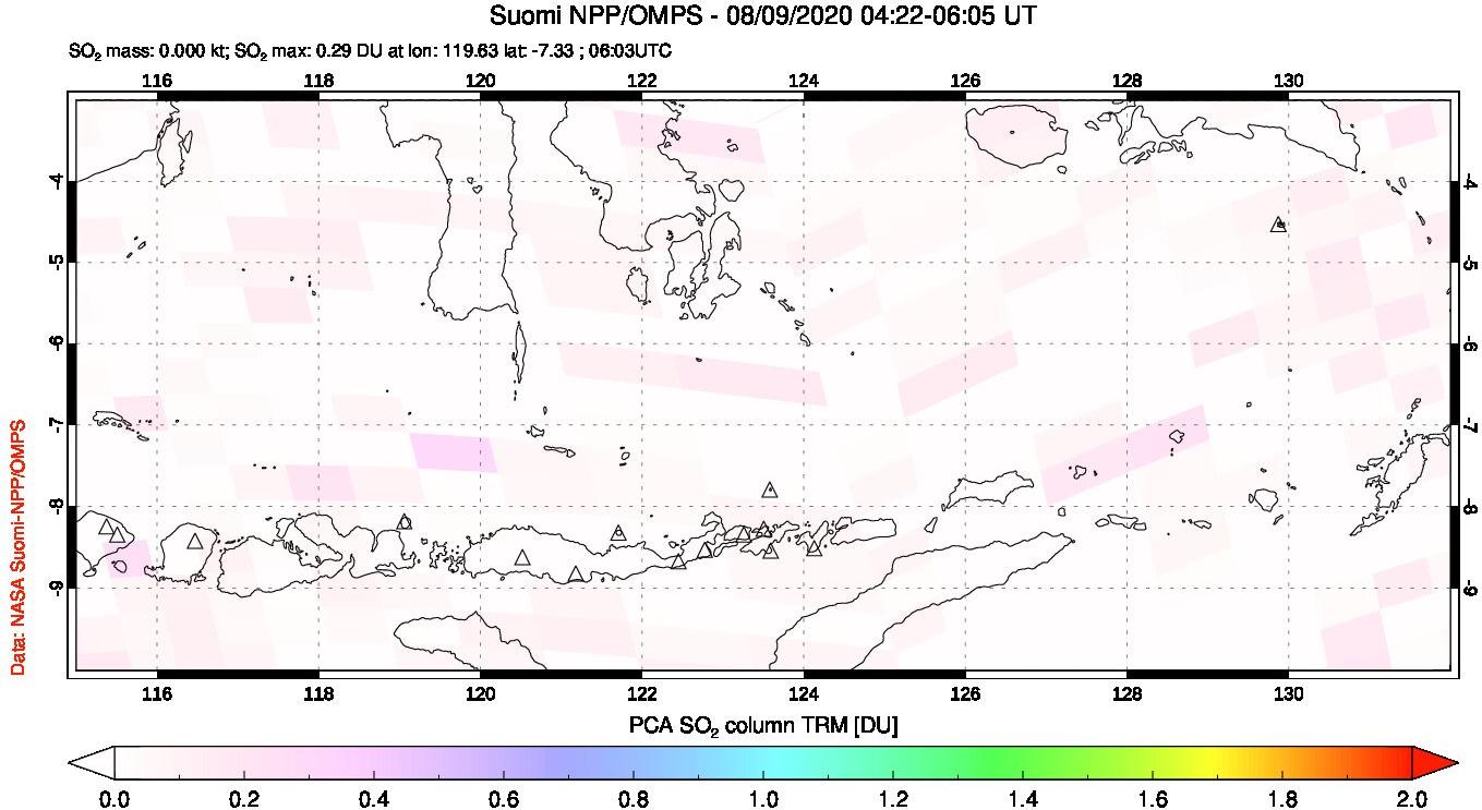 A sulfur dioxide image over Lesser Sunda Islands, Indonesia on Aug 09, 2020.
