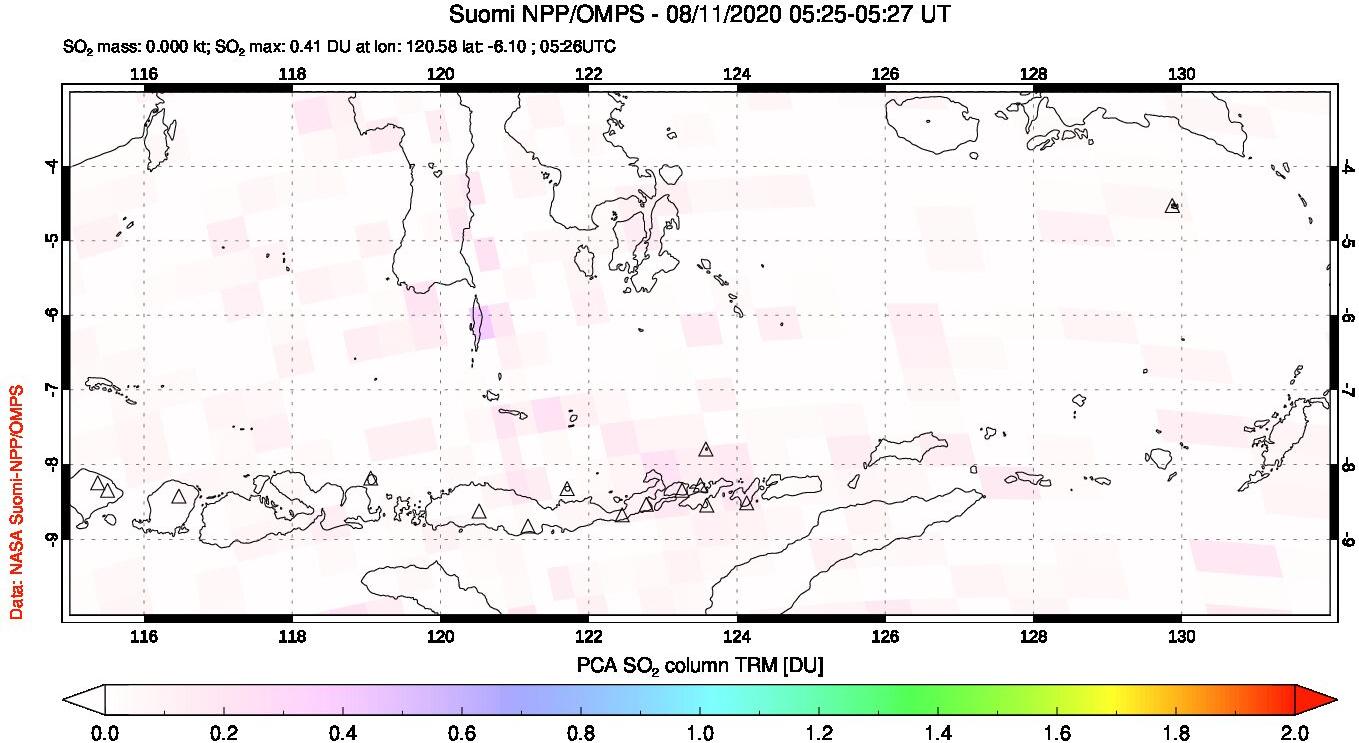 A sulfur dioxide image over Lesser Sunda Islands, Indonesia on Aug 11, 2020.
