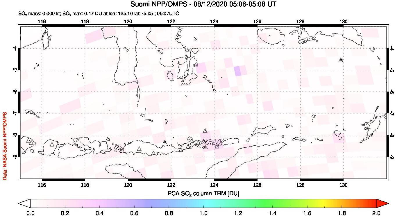 A sulfur dioxide image over Lesser Sunda Islands, Indonesia on Aug 12, 2020.