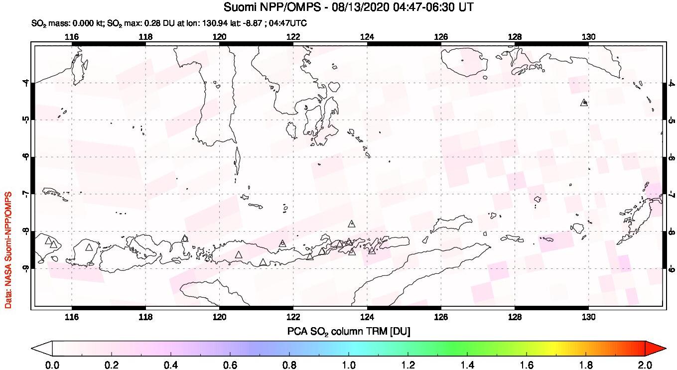 A sulfur dioxide image over Lesser Sunda Islands, Indonesia on Aug 13, 2020.