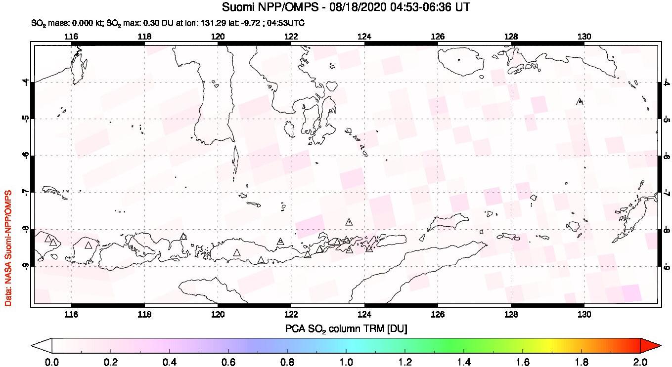 A sulfur dioxide image over Lesser Sunda Islands, Indonesia on Aug 18, 2020.