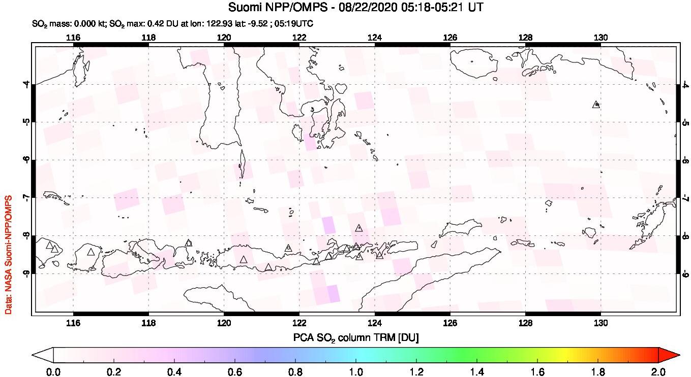 A sulfur dioxide image over Lesser Sunda Islands, Indonesia on Aug 22, 2020.