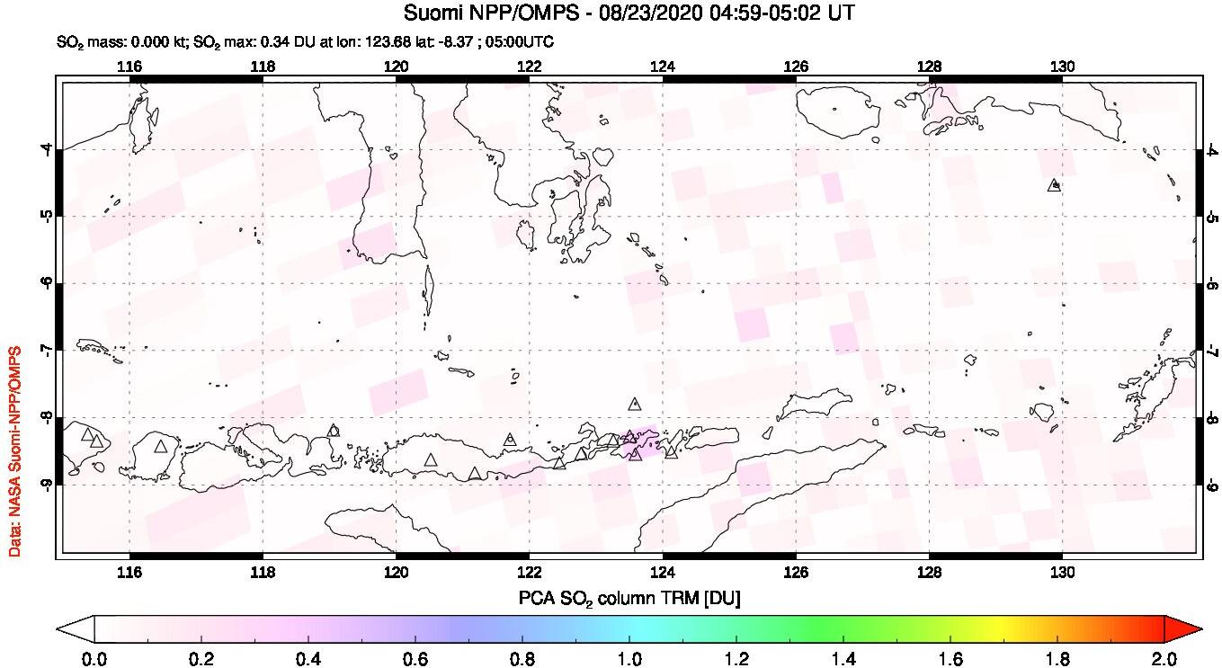 A sulfur dioxide image over Lesser Sunda Islands, Indonesia on Aug 23, 2020.