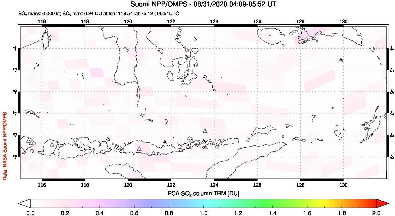 A sulfur dioxide image over Lesser Sunda Islands, Indonesia on Aug 31, 2020.