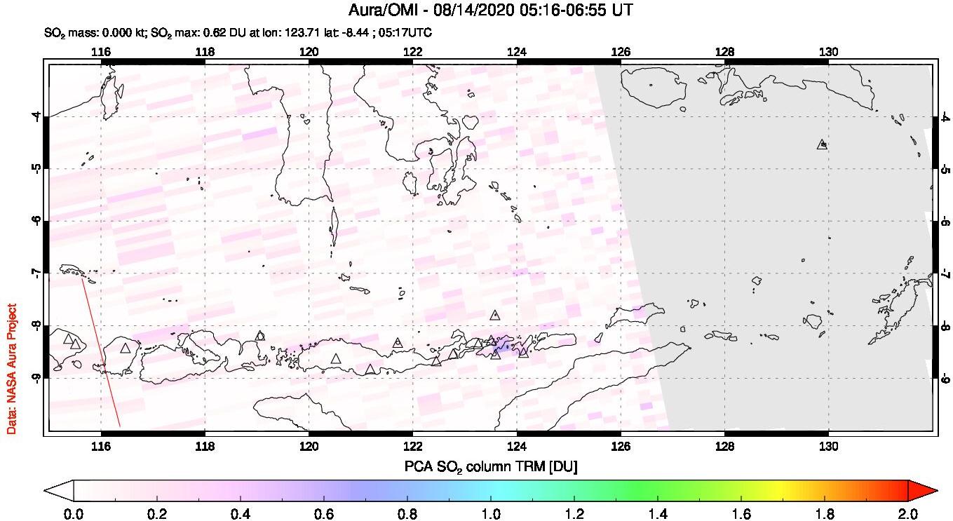 A sulfur dioxide image over Lesser Sunda Islands, Indonesia on Aug 14, 2020.