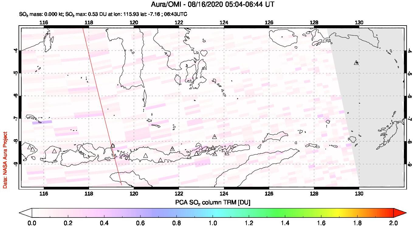 A sulfur dioxide image over Lesser Sunda Islands, Indonesia on Aug 16, 2020.