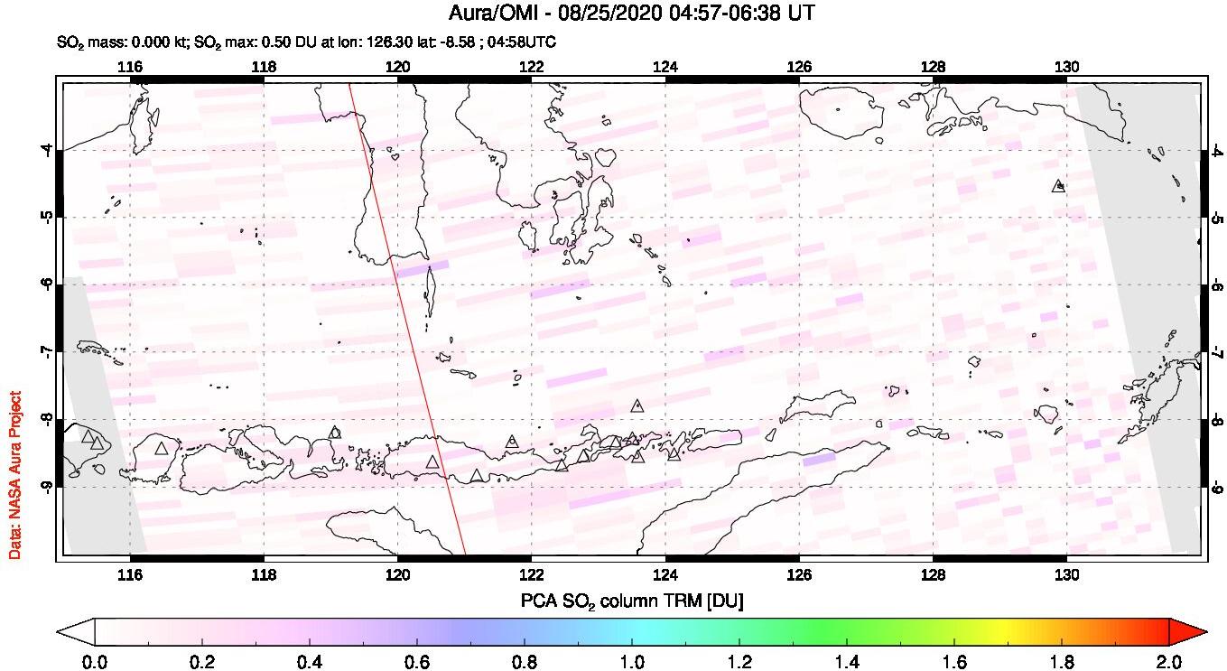A sulfur dioxide image over Lesser Sunda Islands, Indonesia on Aug 25, 2020.