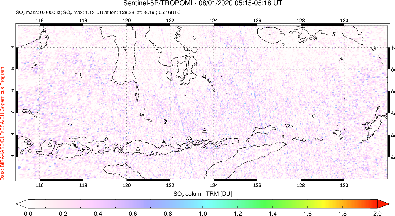 A sulfur dioxide image over Lesser Sunda Islands, Indonesia on Aug 01, 2020.