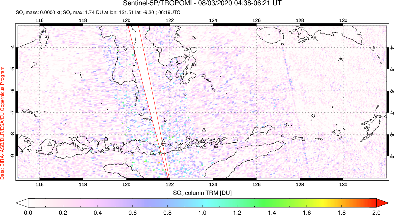 A sulfur dioxide image over Lesser Sunda Islands, Indonesia on Aug 03, 2020.