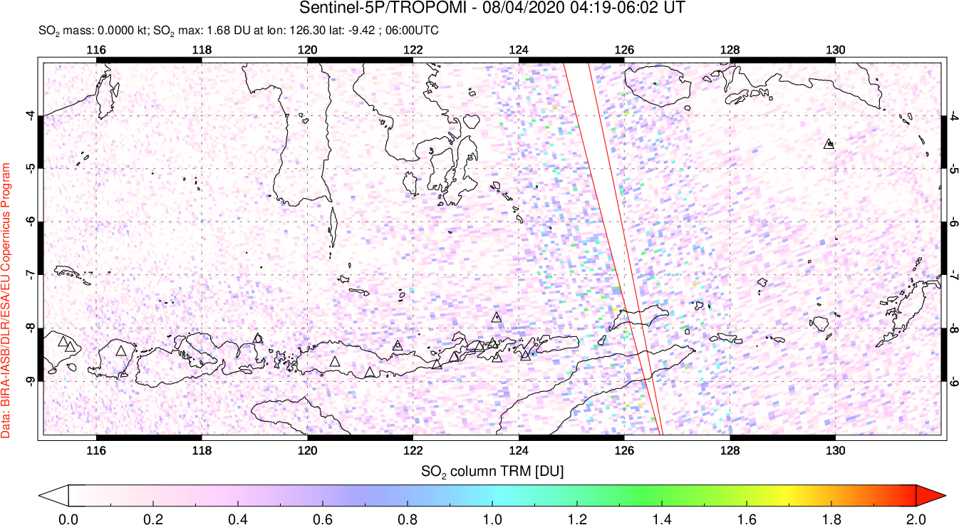 A sulfur dioxide image over Lesser Sunda Islands, Indonesia on Aug 04, 2020.