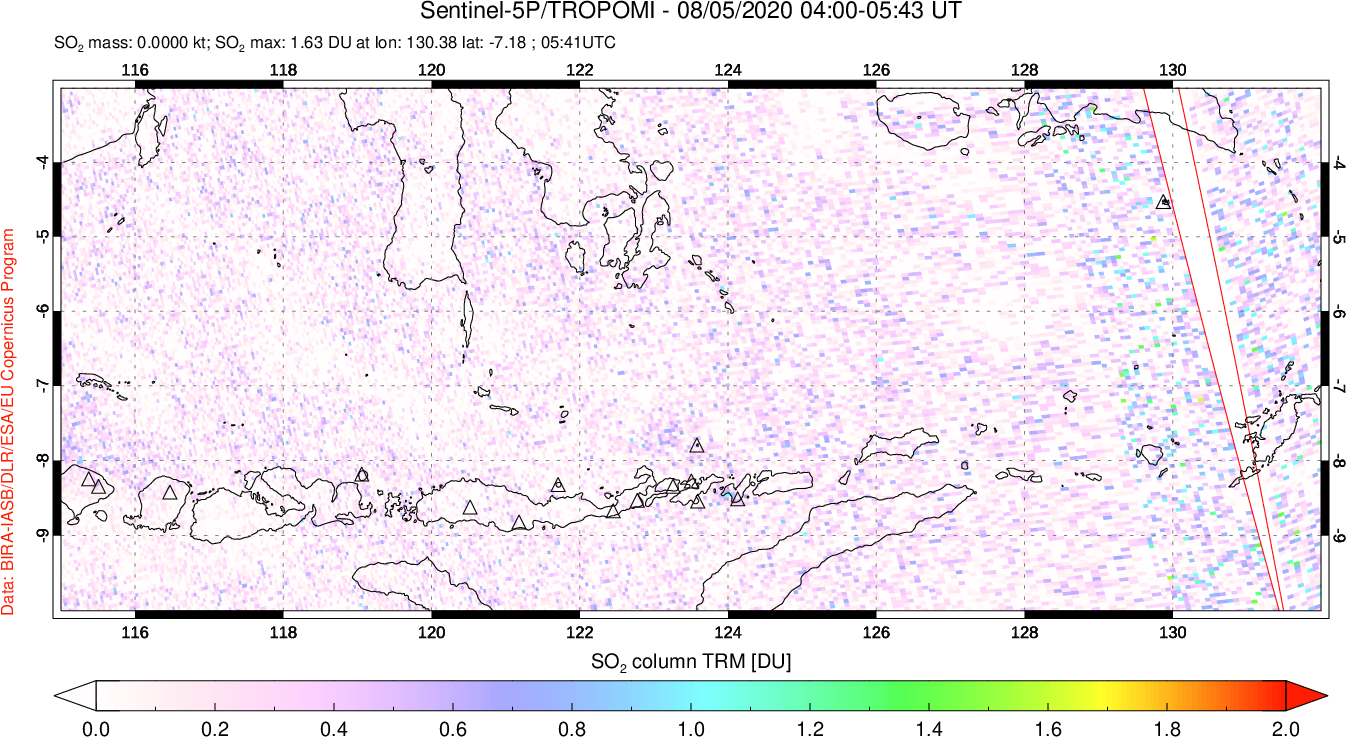 A sulfur dioxide image over Lesser Sunda Islands, Indonesia on Aug 05, 2020.