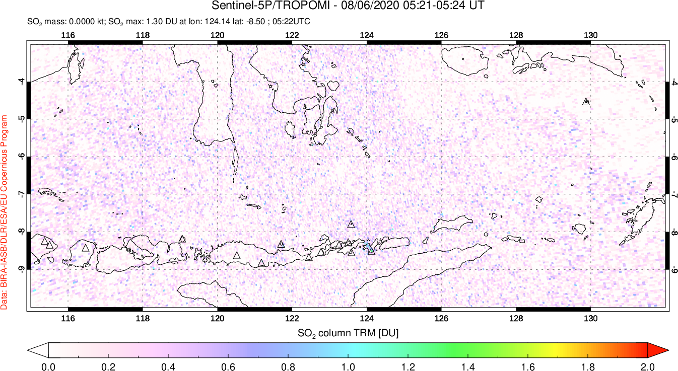 A sulfur dioxide image over Lesser Sunda Islands, Indonesia on Aug 06, 2020.