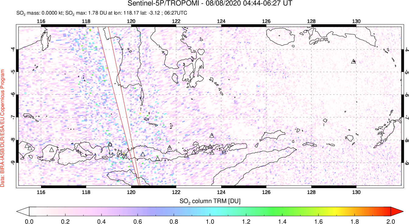 A sulfur dioxide image over Lesser Sunda Islands, Indonesia on Aug 08, 2020.