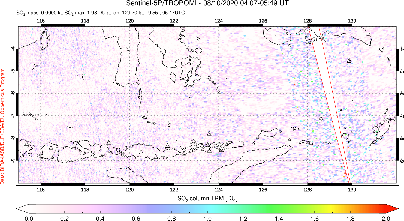 A sulfur dioxide image over Lesser Sunda Islands, Indonesia on Aug 10, 2020.