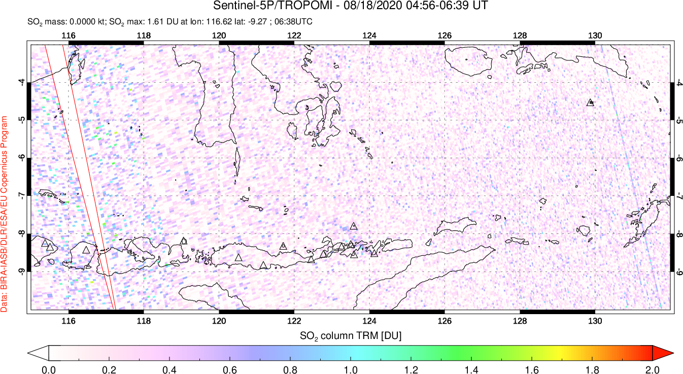 A sulfur dioxide image over Lesser Sunda Islands, Indonesia on Aug 18, 2020.