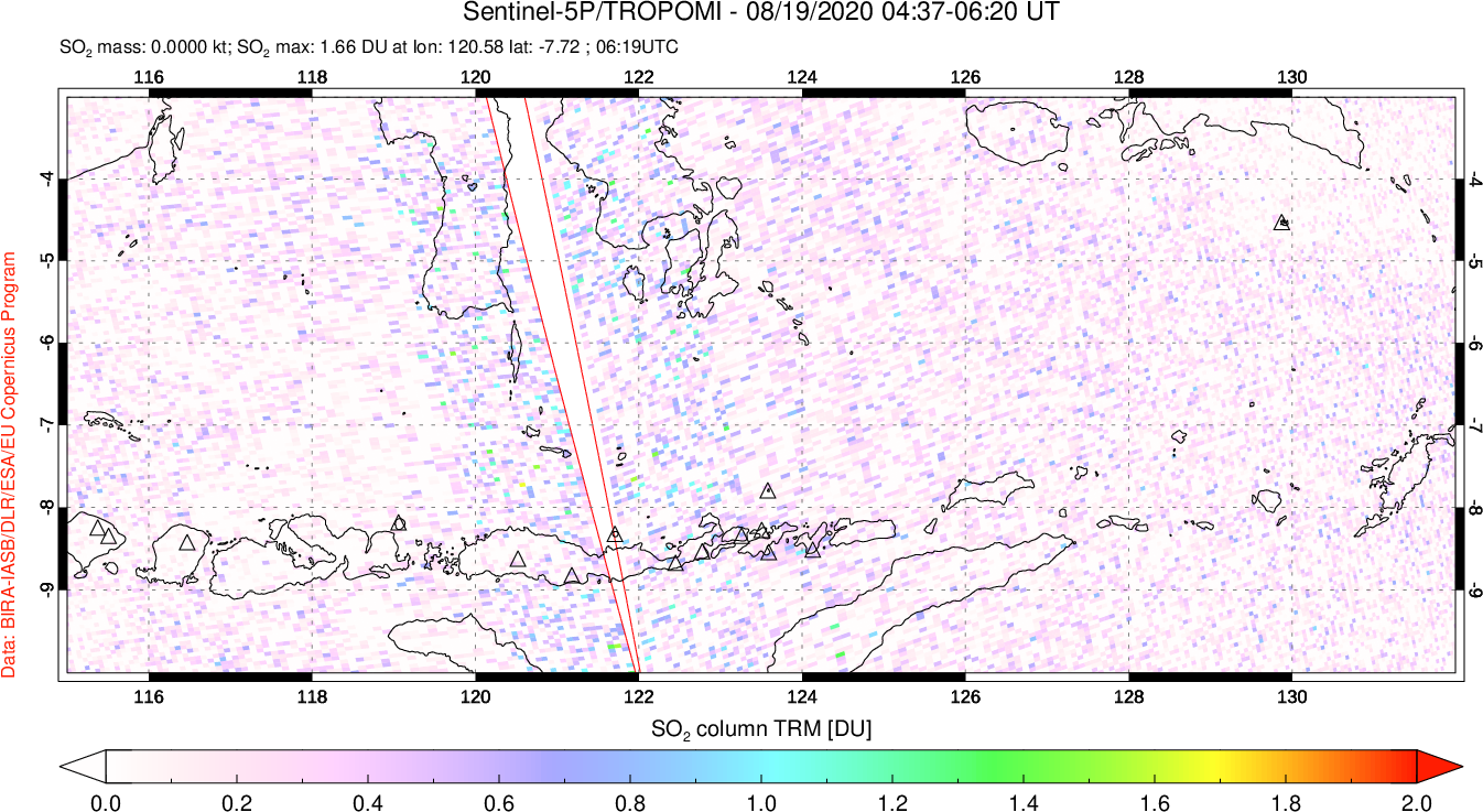 A sulfur dioxide image over Lesser Sunda Islands, Indonesia on Aug 19, 2020.