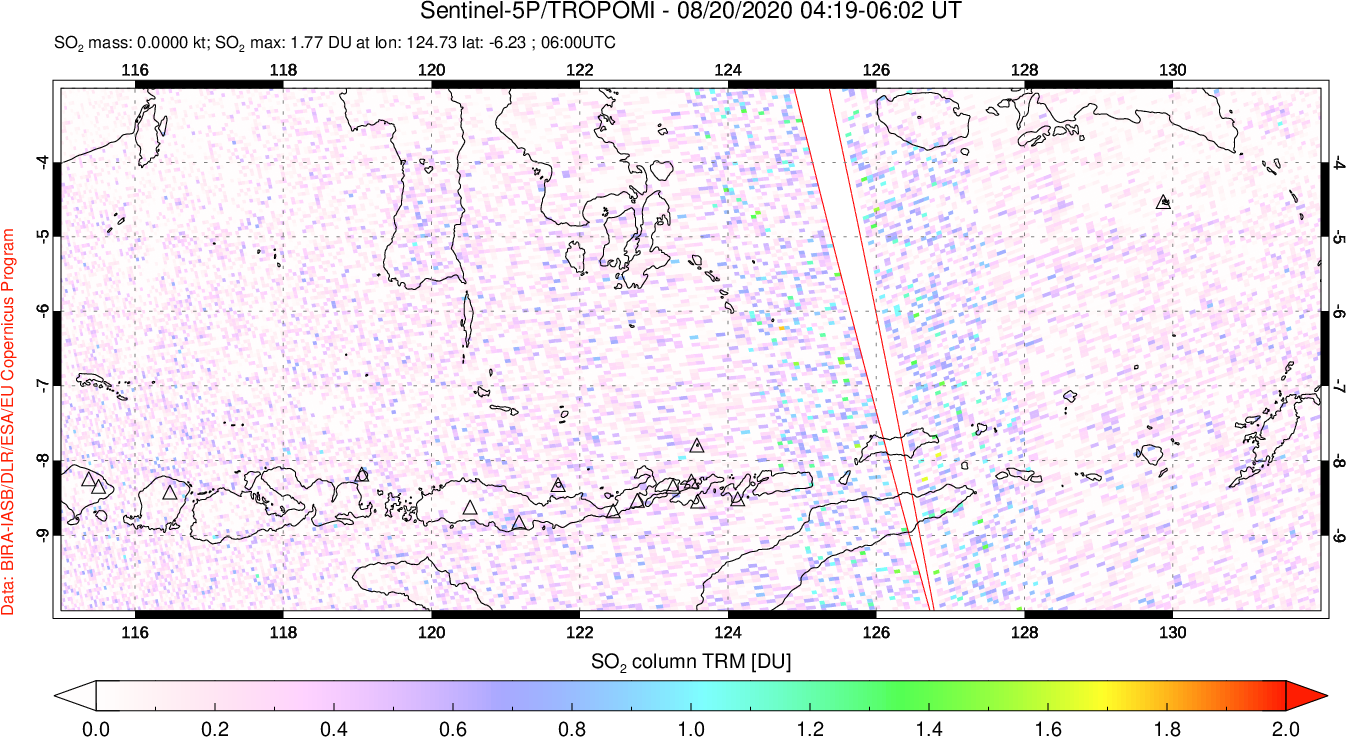 A sulfur dioxide image over Lesser Sunda Islands, Indonesia on Aug 20, 2020.