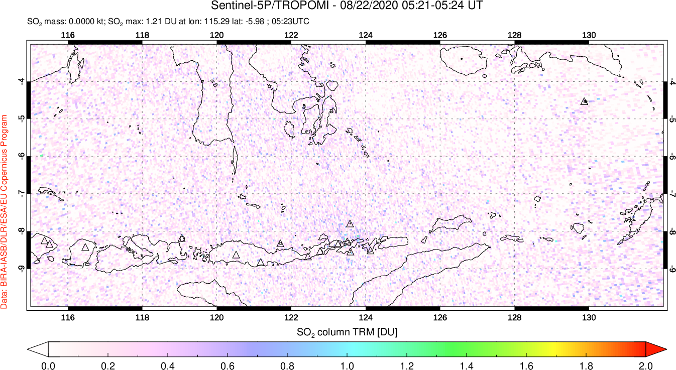 A sulfur dioxide image over Lesser Sunda Islands, Indonesia on Aug 22, 2020.