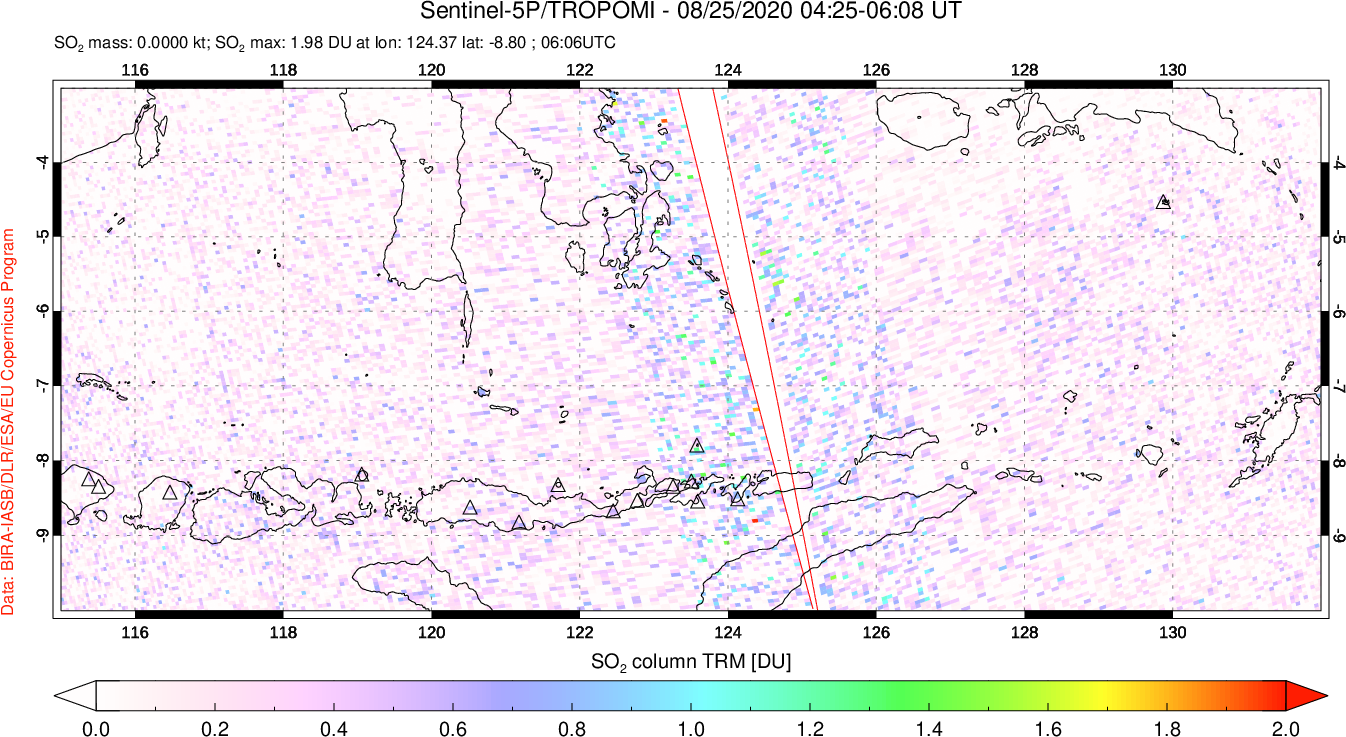 A sulfur dioxide image over Lesser Sunda Islands, Indonesia on Aug 25, 2020.