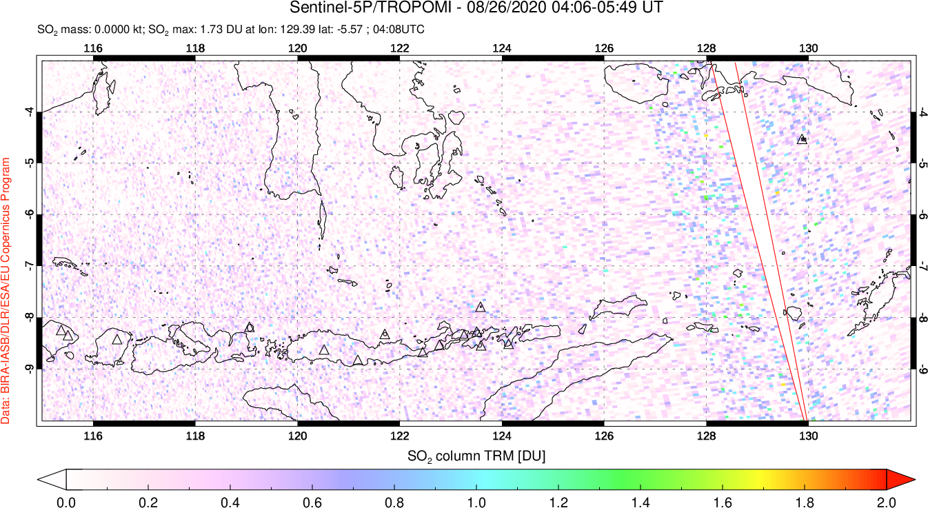 A sulfur dioxide image over Lesser Sunda Islands, Indonesia on Aug 26, 2020.