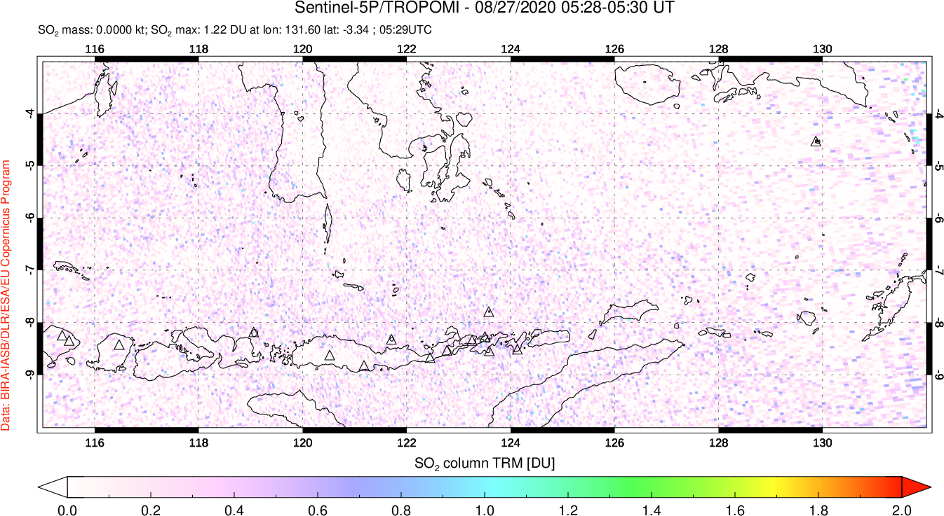A sulfur dioxide image over Lesser Sunda Islands, Indonesia on Aug 27, 2020.