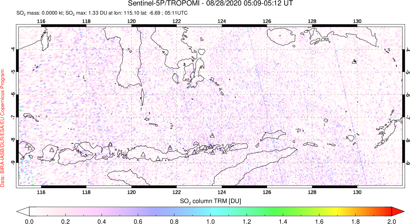 A sulfur dioxide image over Lesser Sunda Islands, Indonesia on Aug 28, 2020.