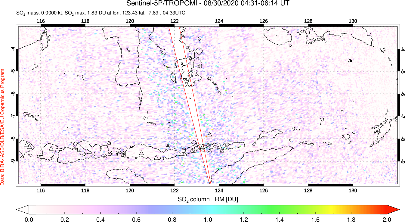 A sulfur dioxide image over Lesser Sunda Islands, Indonesia on Aug 30, 2020.