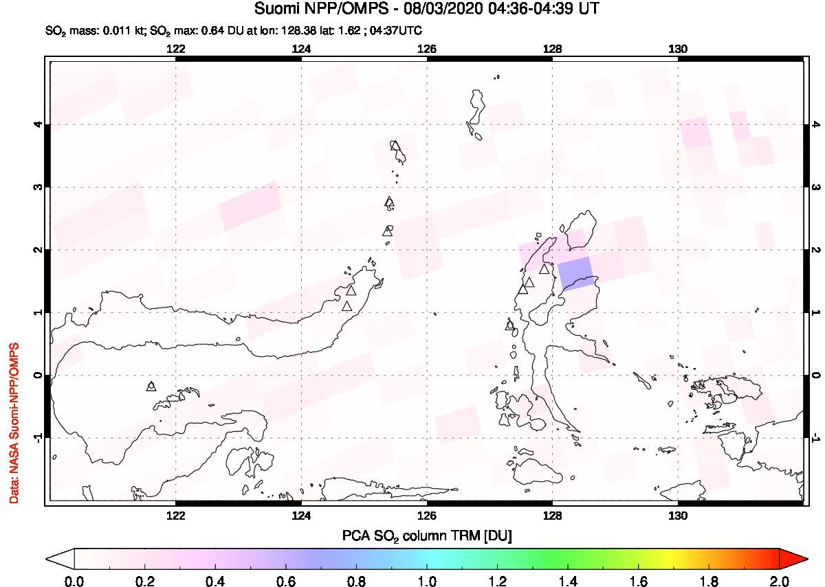 A sulfur dioxide image over Northern Sulawesi & Halmahera, Indonesia on Aug 03, 2020.
