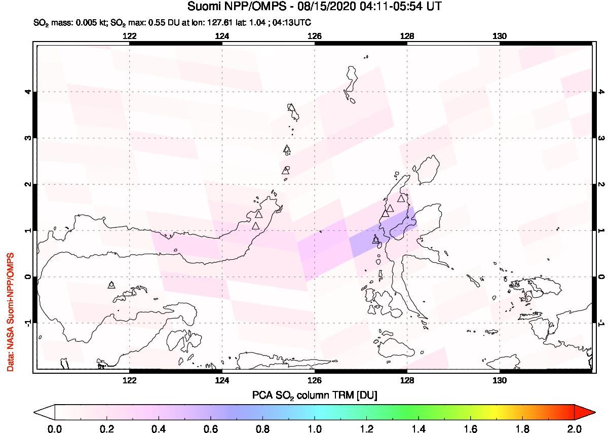 A sulfur dioxide image over Northern Sulawesi & Halmahera, Indonesia on Aug 15, 2020.
