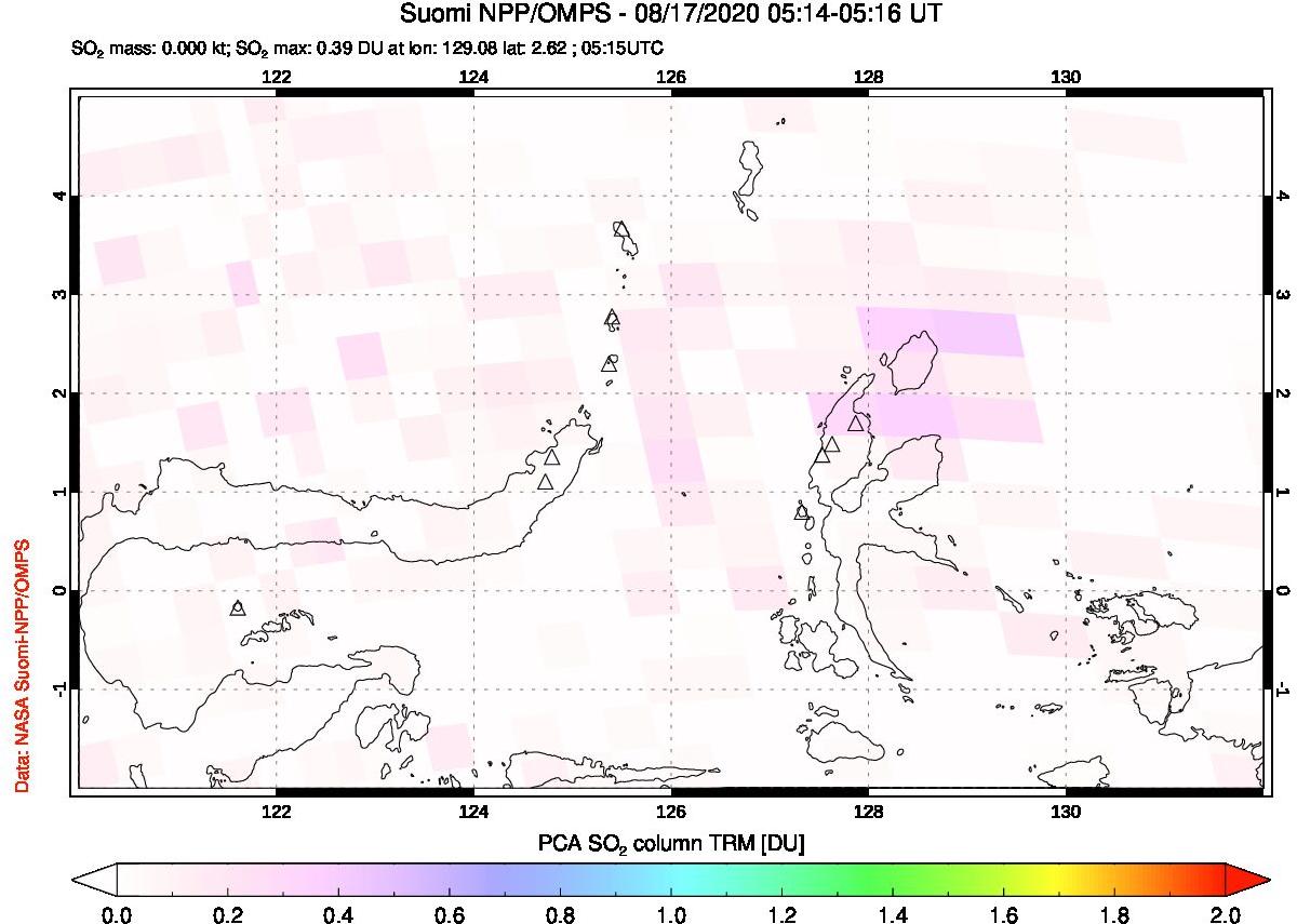 A sulfur dioxide image over Northern Sulawesi & Halmahera, Indonesia on Aug 17, 2020.