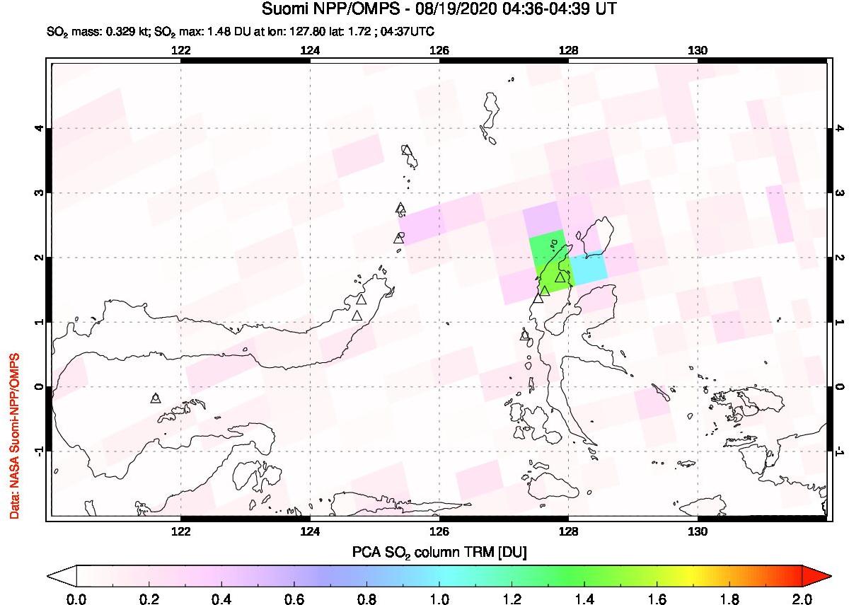 A sulfur dioxide image over Northern Sulawesi & Halmahera, Indonesia on Aug 19, 2020.