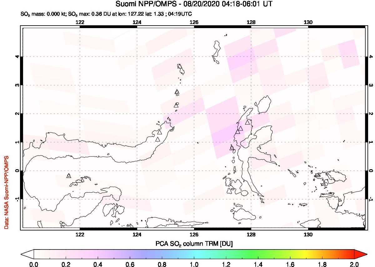 A sulfur dioxide image over Northern Sulawesi & Halmahera, Indonesia on Aug 20, 2020.